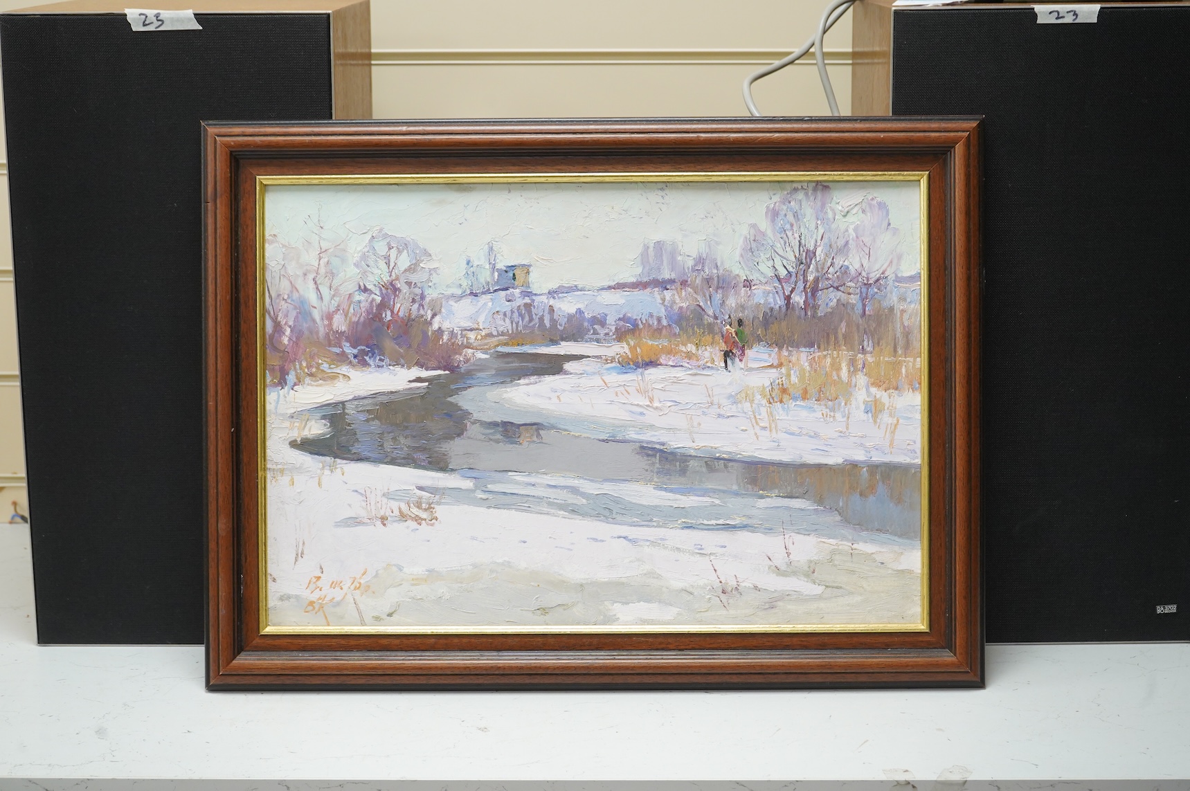 Stepan Lvovich Koshevoi (1921-1977), snowy riverscape, signed, oil on board, 33 x 49cm